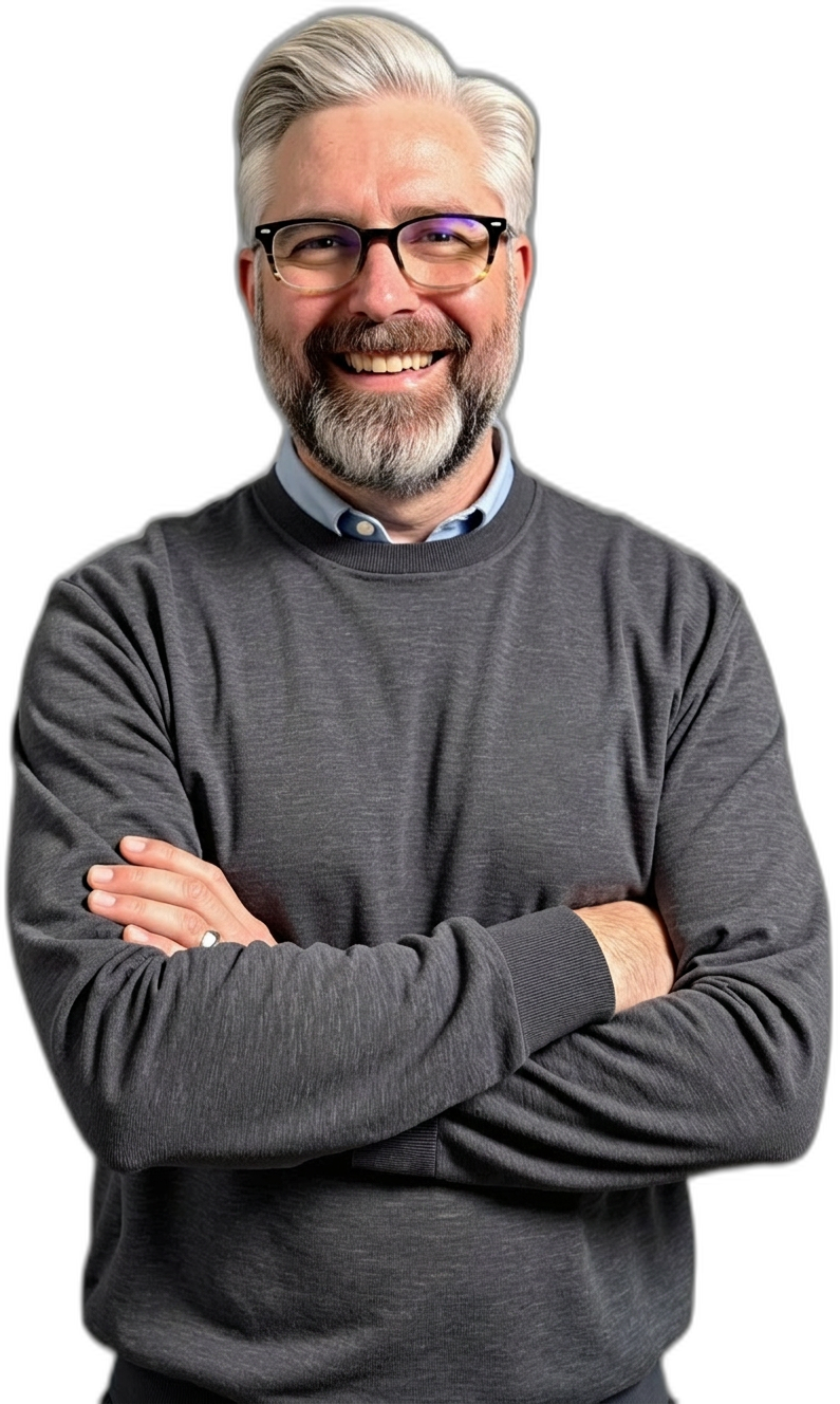Jeremy, BreadHead founder, smiling against a blue circuit background